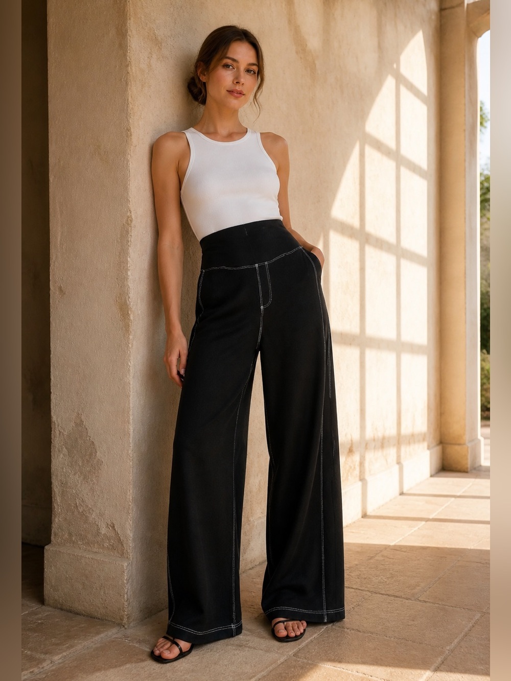 Sunzel Black Wide Leg Pants Contrast White Stitching Pockets High Rise Womens M